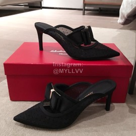 Salvatore Ferragamo Spring Mesh Bow Pointed High Heel Sandals For Women Black