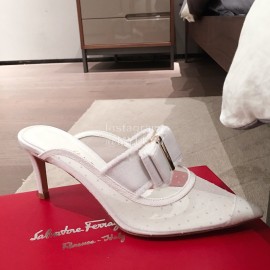 Salvatore Ferragamo Spring Mesh Bow Pointed High Heel Sandals For Women White