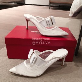 Salvatore Ferragamo Spring Mesh Bow Pointed High Heel Sandals For Women White
