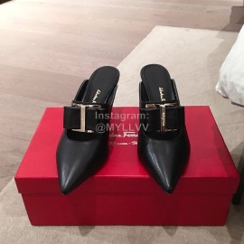 Salvatore Ferragamo Spring Leather Bow Pointed High Heel Sandals For Women Black