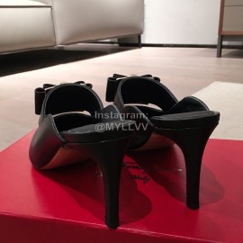 Salvatore Ferragamo Spring Leather Bow Pointed High Heel Sandals For Women Black