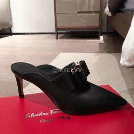 Salvatore Ferragamo Spring Leather Bow Pointed High Heel Sandals For Women Black