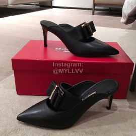 Salvatore Ferragamo Spring Leather Bow Pointed High Heel Sandals For Women Black