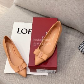 Salvatore Ferragamo Spring Sheepskin Bow Pointed Shoes For Women Orange