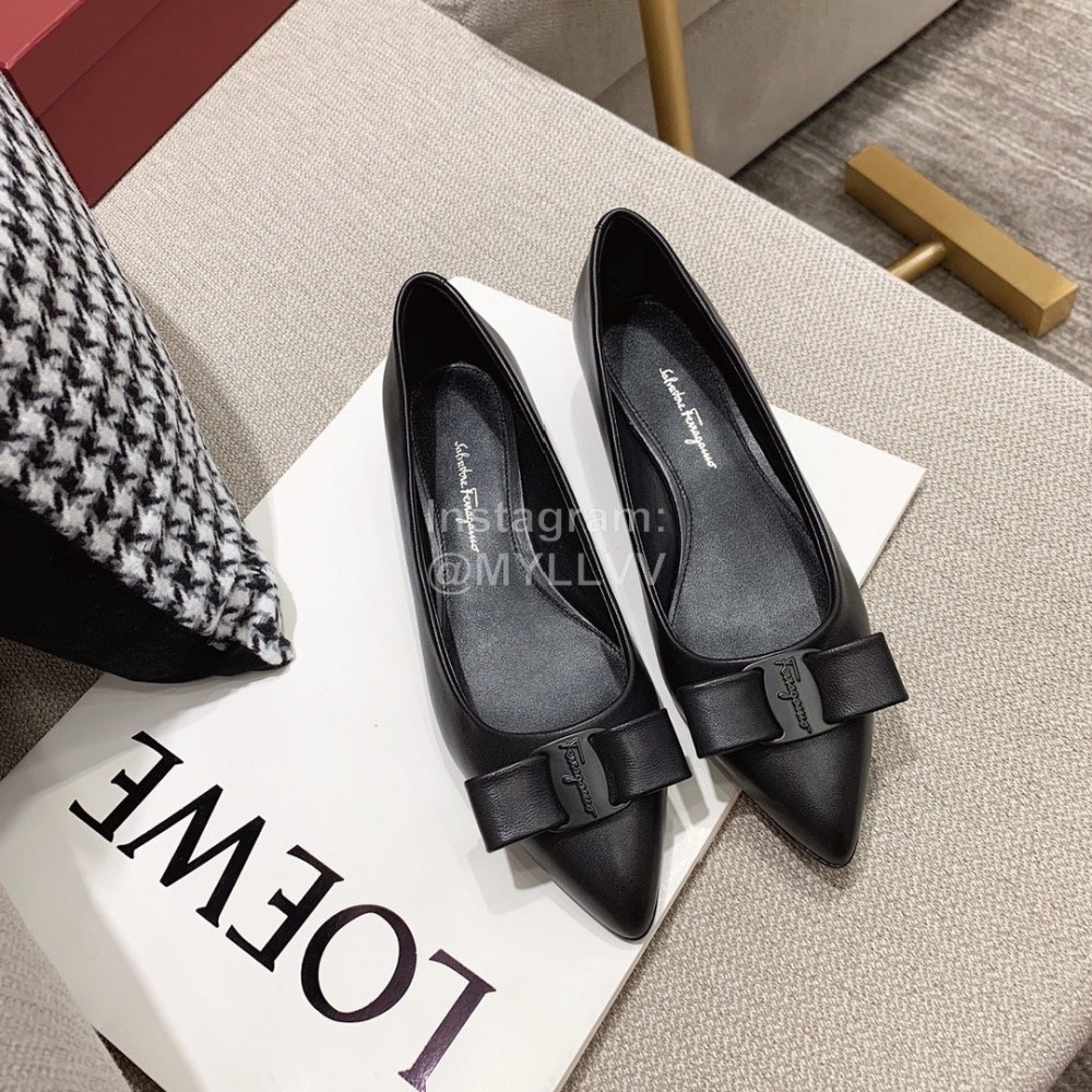 Salvatore Ferragamo Spring Sheepskin Bow Pointed Shoes For Women Black