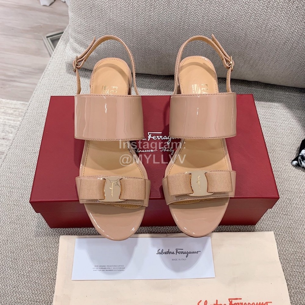 Salvatore Ferragamo Summer Patent Leather Bow Thick High Heel Sandals For Women Pink