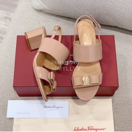 Salvatore Ferragamo Summer Patent Leather Bow Thick High Heel Sandals For Women Pink