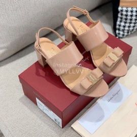 Salvatore Ferragamo Summer Patent Leather Bow Thick High Heel Sandals For Women Pink