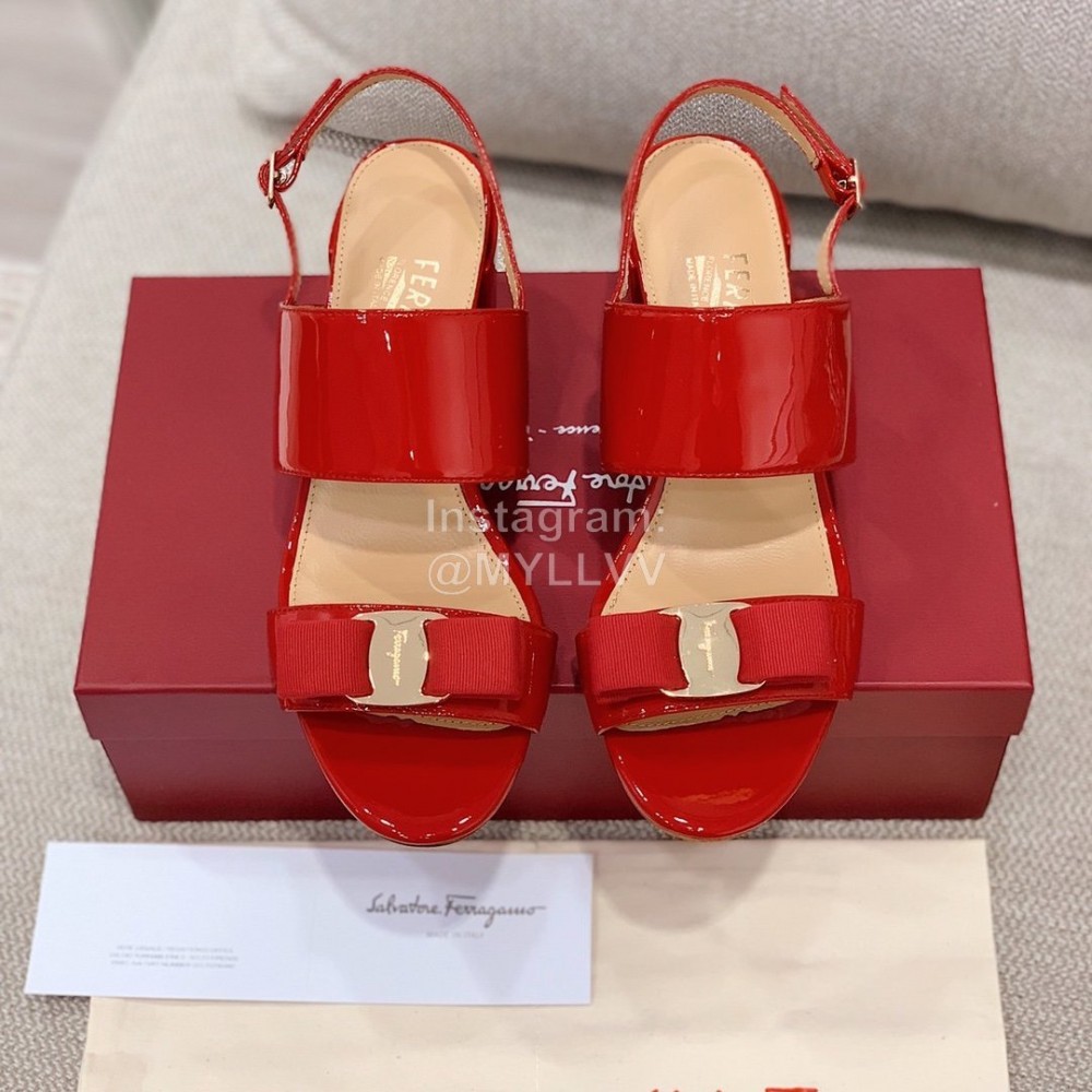 Salvatore Ferragamo Summer Patent Leather Bow Thick High Heel Sandals For Women Red