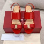 Salvatore Ferragamo Summer Patent Leather Bow Thick High Heel Sandals For Women Red