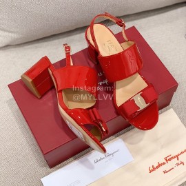 Salvatore Ferragamo Summer Patent Leather Bow Thick High Heel Sandals For Women Red
