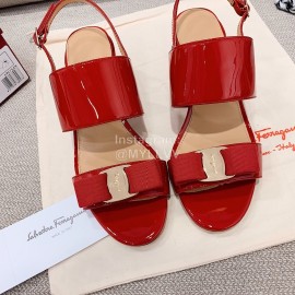 Salvatore Ferragamo Summer Patent Leather Bow Thick High Heel Sandals For Women Red
