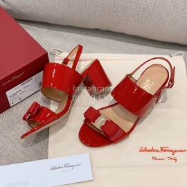 Salvatore Ferragamo Summer Patent Leather Bow Thick High Heel Sandals For Women Red