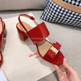 Salvatore Ferragamo Summer Patent Leather Bow Thick High Heel Sandals For Women Red