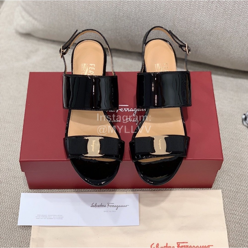 Salvatore Ferragamo Summer Patent Leather Bow Thick High Heel Sandals For Women 