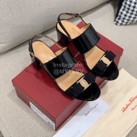 Salvatore Ferragamo Summer Patent Leather Bow Thick High Heel Sandals For Women 