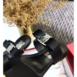 Salvatore Ferragamo Silk Flat Toe Slippers For Women Black