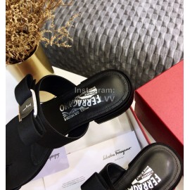 Salvatore Ferragamo Silk Flat Toe Slippers For Women Black