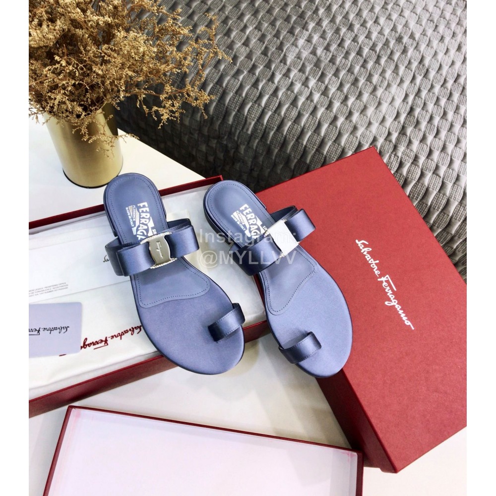 Salvatore Ferragamo Silk Flat Toe Slippers For Women Blue