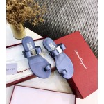 Salvatore Ferragamo Silk Flat Toe Slippers For Women Blue