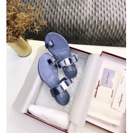 Salvatore Ferragamo Silk Flat Toe Slippers For Women Blue