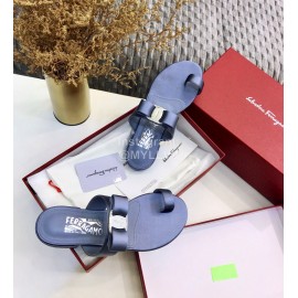 Salvatore Ferragamo Silk Flat Toe Slippers For Women Blue