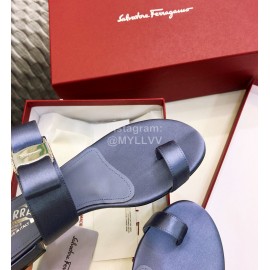 Salvatore Ferragamo Silk Flat Toe Slippers For Women Blue