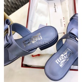 Salvatore Ferragamo Silk Flat Toe Slippers For Women Blue
