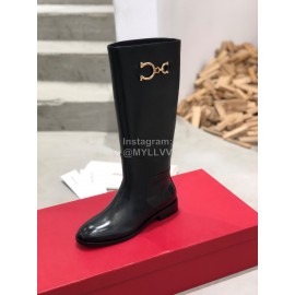 Ferragamo Fashion Gancini Buckle Cowhide Long Boots For Women Black