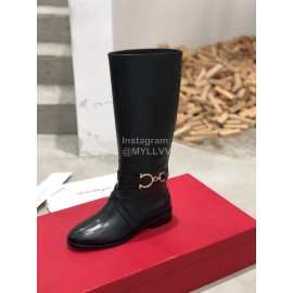 Ferragamo Fashion Gancini Buckle Cowhide Long Boots Black For Women