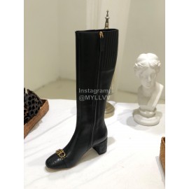 Ferragamo Fashion Gancini Buckle Black Cowhide Long Boots For Women 