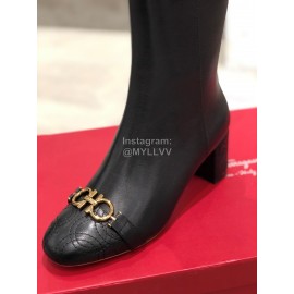 Ferragamo Fashion Gancini Buckle Black Cowhide Long Boots For Women 