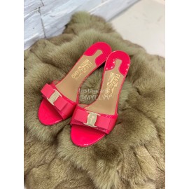 Ferragamo Patent Leather Bow High Heeled Slippers For Women Orange Red