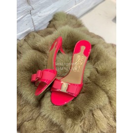 Ferragamo Patent Leather Bow High Heeled Slippers For Women Orange Red