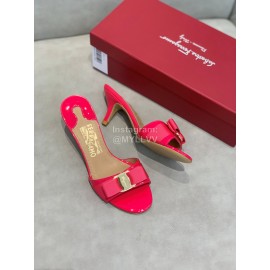 Ferragamo Patent Leather Bow High Heeled Slippers For Women Orange Red