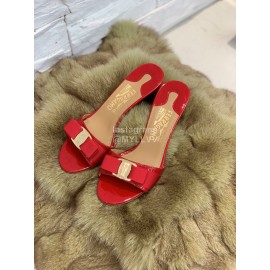 Ferragamo Patent Leather Bow High Heeled Slippers For Women Red