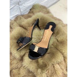 Ferragamo Patent Leather Bow High Heeled Slippers For Women Black