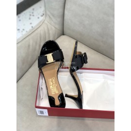 Ferragamo Patent Leather Bow High Heeled Slippers For Women Black