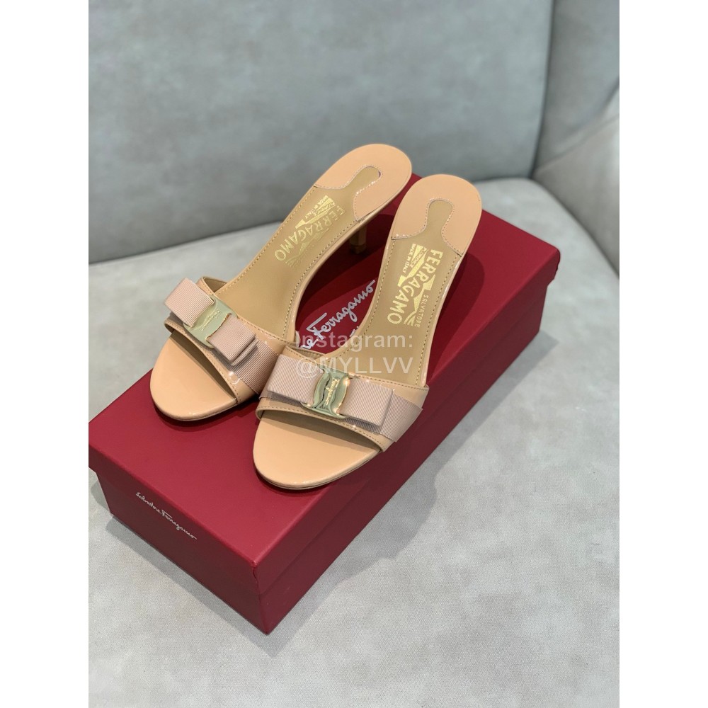Ferragamo Patent Leather Bow High Heeled Slippers For Women Khaki