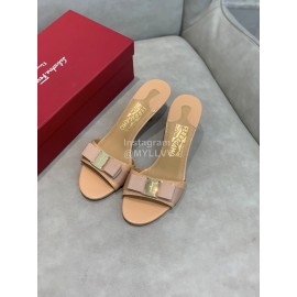 Ferragamo Patent Leather Bow High Heeled Slippers For Women Khaki