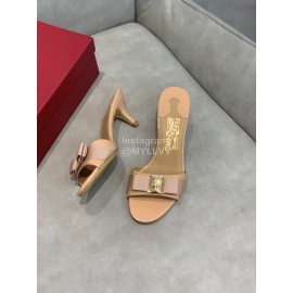 Ferragamo Patent Leather Bow High Heeled Slippers For Women Khaki