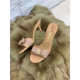 Ferragamo Patent Leather Bow High Heeled Slippers For Women Khaki