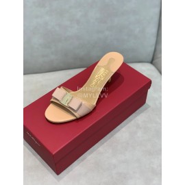 Ferragamo Patent Leather Bow High Heeled Slippers For Women Khaki