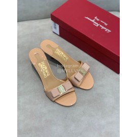 Ferragamo Patent Leather Bow High Heeled Slippers For Women Khaki