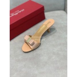 Ferragamo Patent Leather Bow High Heeled Slippers For Women Khaki