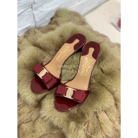 Ferragamo Patent Leather Bow High Heeled Slippers For Women Wine Red