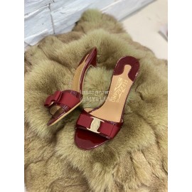 Ferragamo Patent Leather Bow High Heeled Slippers For Women Wine Red