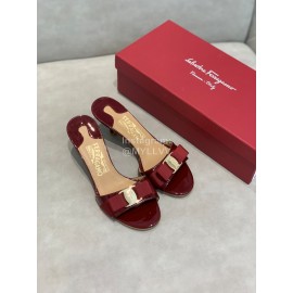 Ferragamo Patent Leather Bow High Heeled Slippers For Women Wine Red