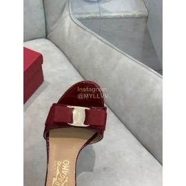 Ferragamo Patent Leather Bow High Heeled Slippers For Women Wine Red