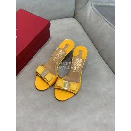 Ferragamo Patent Leather Bow High Heeled Slippers For Women Orange